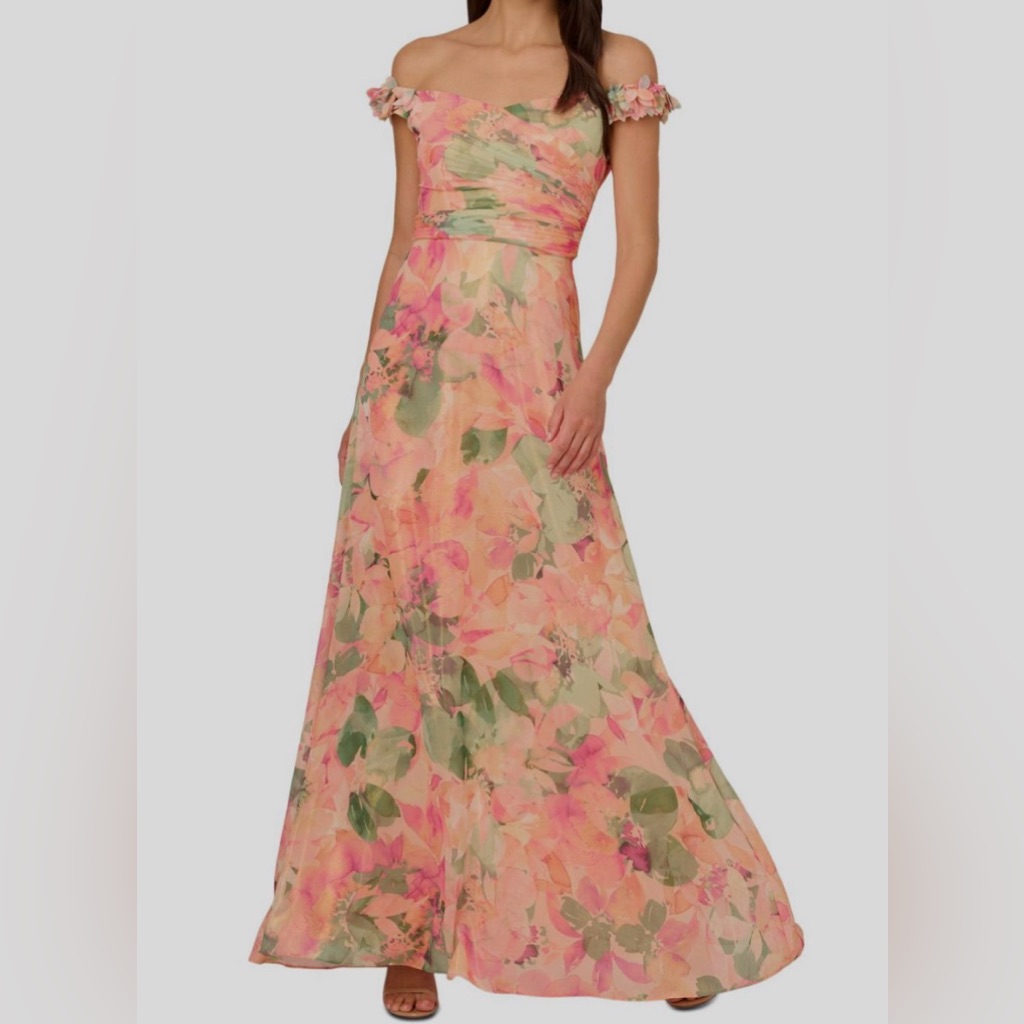 Nwt Adrianna Papell Womens Orange Off-The-Shoulder Chiffon Gown Dress Size 4